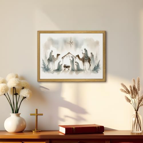Framed Jesus Wall Art, Christian Wall Decor Paintings, Jesus Nativity Canvas Print Picture, Large Religious Room Decor Oin Painting for Living Bedroom Church 12x16 Inch