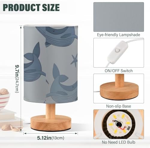 Starfish Gray Whale Table Lamp Bedside Lamps with USB Port,Wood Base Round Flaxen Fabric Shade for Bedroom
