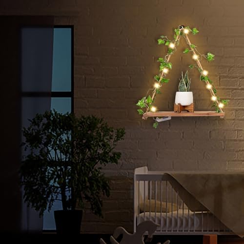 Hanging Shelves Set of 2- Macrame Shelf with Artificial Ivy Vines LED Light Warm White - Boho Shelves for Bedroom Bathroom Living Room - Rope Hanging Plant Shelf Wall Decor