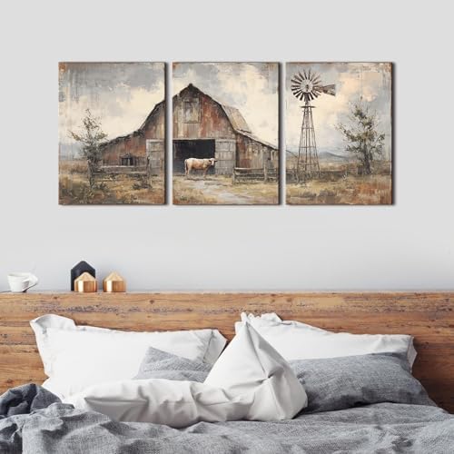 Vintage Farmhouse Wall Art Western Country Canvas Pictures for Living Room Rustic Cottage Painting Poster Windmill Barn Cow Prints Nature Landscape Canvas Artwork Bedroom Home Decorations 12x16" 3Pcs