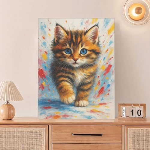 Graffiti Cat Wall Art Cute Cat Painting Canvas Wall Decor Kitten Picture Framed Artwork Decoration Gifts for Lover Women Girl Bathroom Bedroom Kitchen Living Room Office 12"x16"