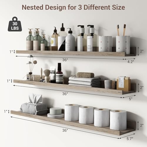 Axeman Picture Ledge Shelf, 36 Inch Grey Floating Shelves Set of 3