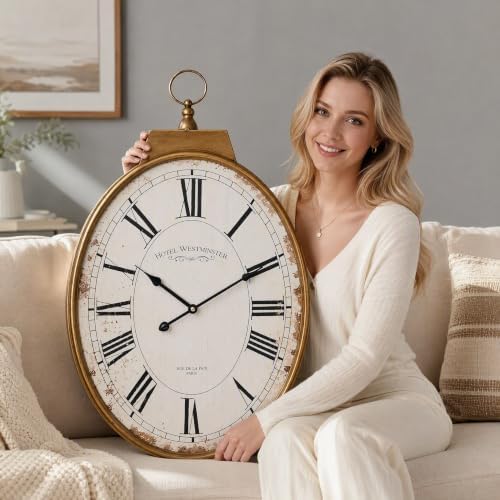 EMAX HOME Large 25-Inch Oval Wall Clock, Vintage Gold Distressed Metal Frame with Roman Numerals, Silent Non-Ticking Quartz Movement, for Living Room, Mantel, Entryway, or Bedroom Decor