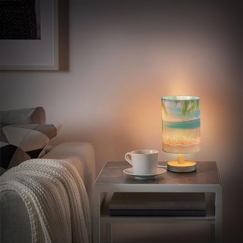 Table Lamp Palm Leaf Tropical Beach Summer Blue Ocean Sky Nightstand Lamp with Wood Base Fabric Lamp Shade Bedside Desk Lamp for Living Room Bedroom Kids Room Office