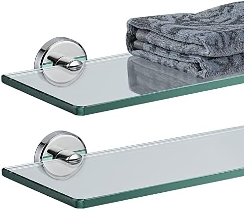 JQK Bathroom Glass Shelf Chrome, Tempered Glass Shower Storage 20 by 5 inches, 304 Stainless Steel Polished Chrome Wall Mount, 2 Pack, TGS101L20-CH-P2