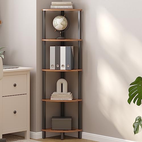 VIMBER Corner Shelf, 5-Tier Corner Bookshelf, Industrial Corner Ladder Shelf, Rustic Display Shelf for Living Room, Bedroom, Kitchen, Home Office, Rustic Brown and Black UJSJ001H