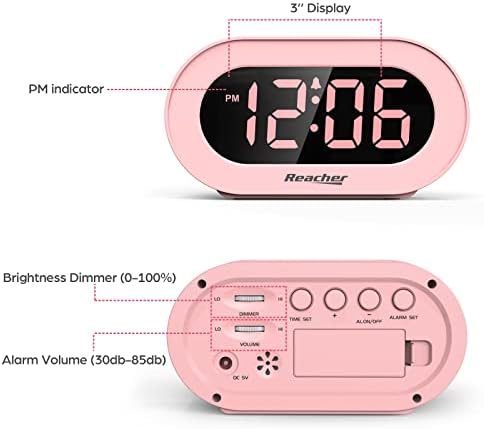 REACHER Pink Dimmable Digital Alarm Clock for Girls Bedrooms