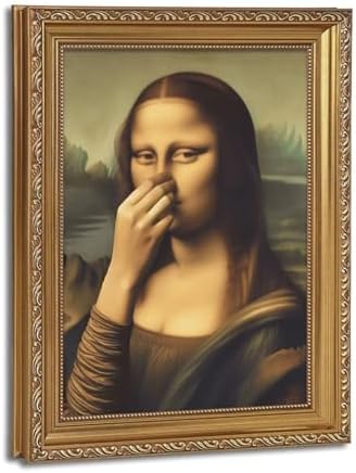 CXKAWM Gold Framed Funny Mona Lisa Bathroom Canvas Wall Art 9x11in | Mona Lisa holding nose Bathroom Wall Decor Picture Humor Amusing Toilet Poster Print for Bathroom Home decoration