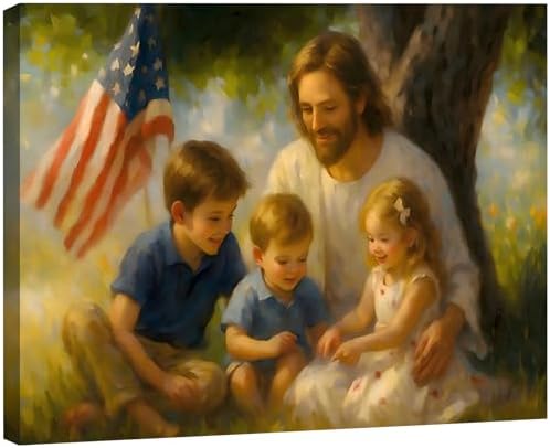 RIBNTAK Made in USA Patriotic Christian Wall Art, Jesus with Kids and US Flag Canvas Print, Inspirational Religious Home Decor for 4th of July, Memorial Day, and Christian Family Gifts