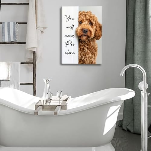 Funny Dog Bathroom Canvas Wall Art Cute Animal Humorous Goldendoodle Painting Pictures Restroom Wall Decor You Will Never Pee Alone Poster Print Artwork for Toilet Nursery Decor 16x24in