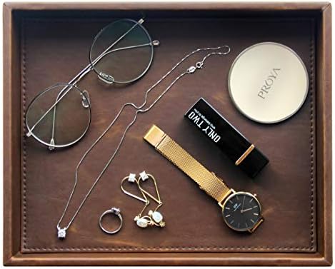 Vixdonos Leather Valet Tray Rectangular Catchall Tray Counter Organizer for Key,Jewelry,Perfume,Glasses and Watches(Brown)