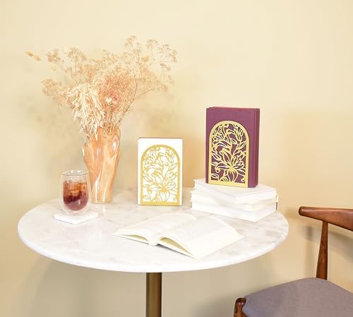 CNK Premium Bookends, Metal Book Stoppers for Heavy Books, Home Office & Decor (Lily Flower Gold)