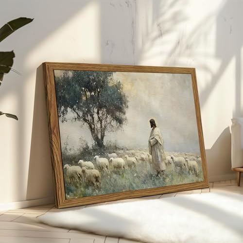 Jesus Leaves the 99 Sheep Wall Art, Frame 3D Textured Hand Drawn Sandstone Christian Wall Decor Paintings, Lost Lamb Religious Artwork for Living Prayer Room Bedroom 12x16 inch Framed