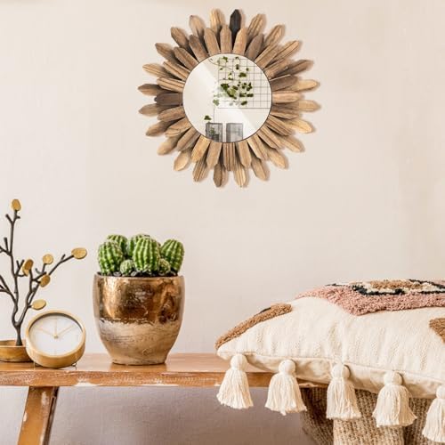 Eorbow Wall Mirror Decorative, 12 inch Small Rustic Wood Boho Mirrors, Clear Sunburst Mirrors for Home Farmhouse Bedroom Entryway Decor House Warming Gifts New Home, No Distortion