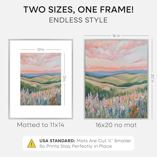 Homeforia 16x20 Silver Picture Frame, High-End Metal, 11x14 Mat, Glass