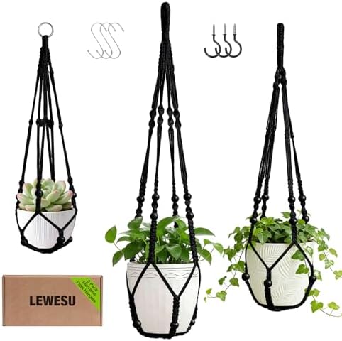 LEWESU 3 Pack Macrame Plant Hanger Indoor 3 Different Sizes Hanging Planter Basket Flower Pot Holder with Wood Beads & No Tassels for Boho Home Decor, 23, 30, 35 Inch, Black (Pot Not Included)