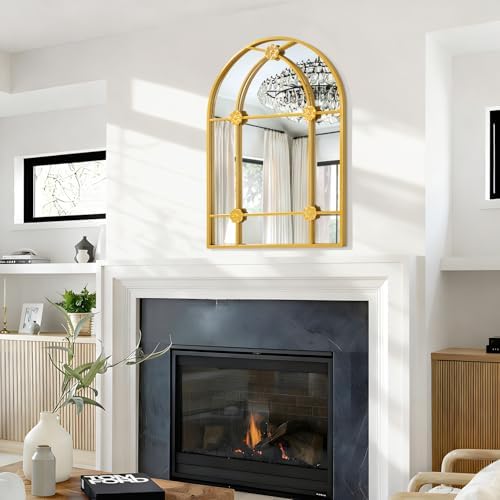 Wall Arched Mirror, Gold Metal Framed Arch Mirror Modern Artistic Decorative Mirrors for Bedroom Living Room Bathroom, 20x28 Inch Decor