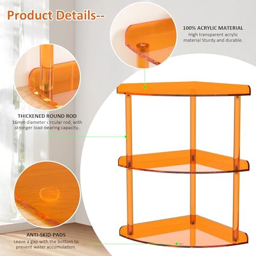 Sezanrpt 3 Tier Acrylic Corner Shelf Organizer Storage 9.5x9.5x15.7 Inch, Orange Countertop Corner Shelf for Bathroom, Kitchen, Bedroom, Office, Study Room