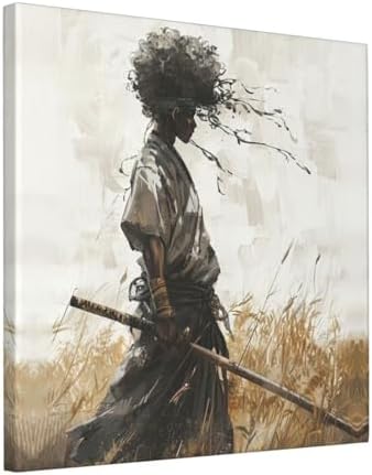 16"x16" African Samurai Canvas – Enigmatic Abstract Warrior Wall Art | Mystic African warrior dons kabuto beneath swirling abstracts. Afrofuturism meets bushido. Hook included, ready to hang.