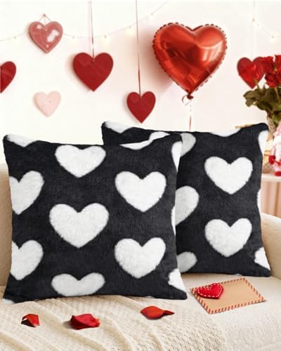 Valentines Pillow Covers 18x18 Inch Set of 2 - Plush Faux Fur Black White Love Hearts Valentines Day Jacquard Throw Pillow Covers Decorations Soft Home Decor for Couch, Sofa, or Bed