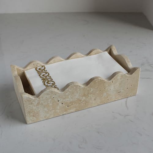 Natural Travertine Guest Towel Holder 9.8" × 4.9" for Bathroom, Rectangular Napkin Holder with Scalloped Edge, Tissue Hand Towel Tray for Dinner Table, Countertop Bathroom Vanity