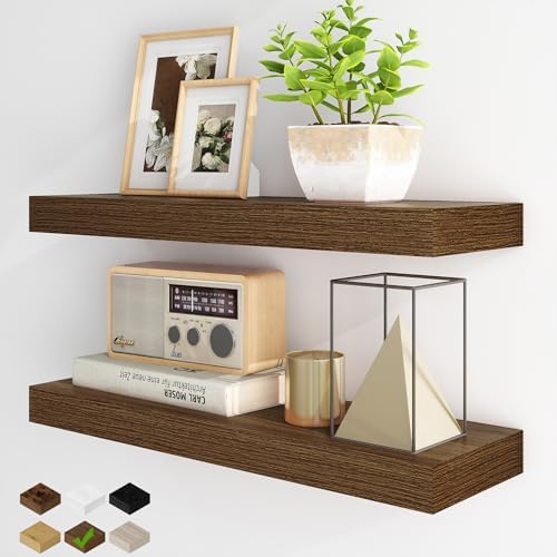 Fun Memories Floating Shelves for Wall, 24 Inch Floating Shelves Set of 2, Hanging Shelf with Invisible Brackets, Wood Shelves for Living Room, Bedroom, Kitchen, Walnut