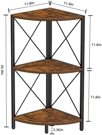Snughome Corner Shelf with Metal Frame, 3 Tier Rustic Corner Storage Organizer, Freestanding Corner Bookshelf Stand Display Rack for Kitchen, Living Room