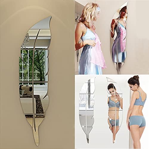 2 Pcs 3D Acrylic Mirror Wall Decor Stickers, Silver Feather Shaped Set DIY Self-Adhesive Wall Art Decals, Home Decorations for Home Living Room Bedroom Bathroom (12 x 49 Inches)