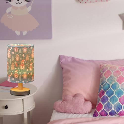 Christmas Brown Bear Bedside Table Lamps with USB Port for Bedroom Lamp Table Lamp Small Nightstand Lamp Snowflake&Fir Trees Patterned Linen Shade Wooden Decorative Lamps for Kids|Reading|Dorm|Home