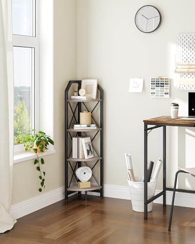 CHOEZON 4-Tier Corner Shelf, Industrial Corner Bookshelf, 47.6" Corner Storage Stand, Plant Stand Display Shelf, Corner Bookcase for Bedroom, Living Room, Home Office, Greige and Black TCJ09BG