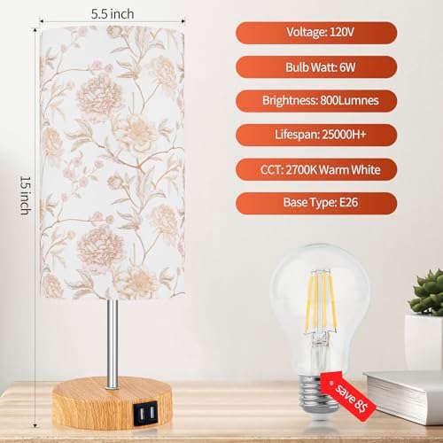 Lolikit Bedside Touch Lamp, Wood Small Table lamp with 2 USB Charging Ports & Flower Fabric Shade, 3-Way Dimmable Nightstand Lamps for Living Room Bedroom Office Reading Desk Home Dorm Pink