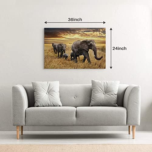 Elephant Canvas Picture Wall Art: Elephant Family Migrate Painting yellow Autumn Sunset Prints Panoramic Animals Wildlife Decorations For Living Room Bedroom Decor 36x24