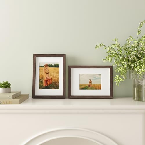 Egofine A4 Picture Frames Set of 4, Made of Solid Wood Covered by Plexiglass 5x7 and 6x8 with Mat or A4 without Mat, for Table Top Display and Wall Mounting Photo Frame Brown