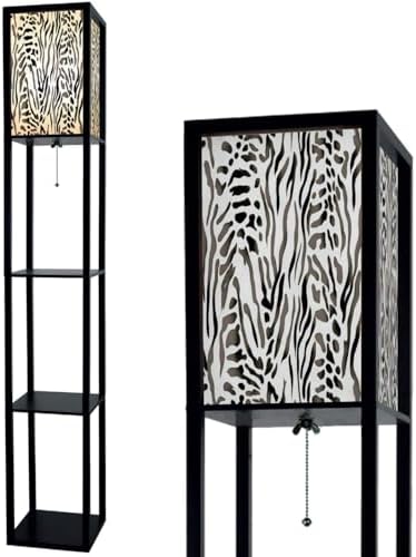 Standing Lamp with Shelves Tall Animal Print Zebra Stripes Mix Leopard Spots Geometric Elements Modern Wood Corner Lamp for Bedroom Living Room Office Floor Lamp Mid Century Room Decor