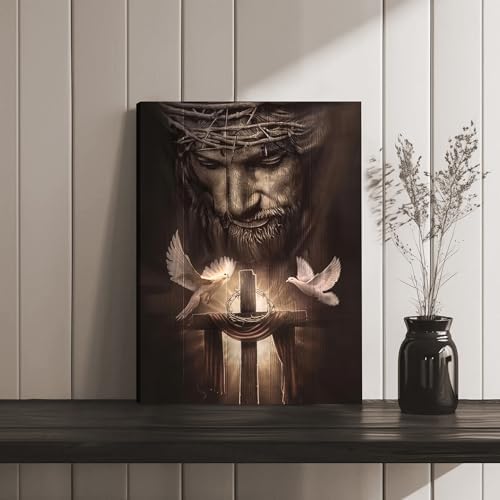 Fantasy Artists Framed Jesus Christ Canvas Wall Art The Cross and Peace Dove Christian Painting Prints Biblical Wall Decor Religious Room Decor for Church Prayer Room Schools Hospitals 16" x 24"