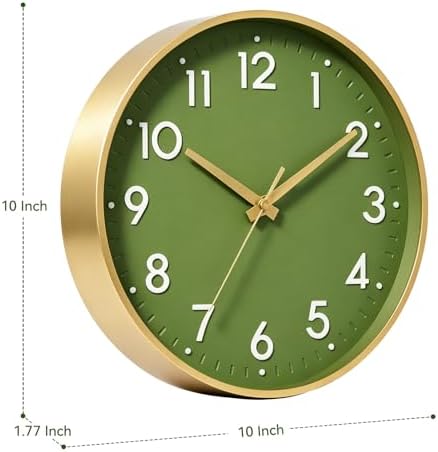 Mosewa 10 Inch Wall Clock Battery Operated Silent Non Ticking Analog | Olive green & gold modern clock; oversized 3D easy-read dial for kitchen, bedroom & office; 1 AA battery (not included)