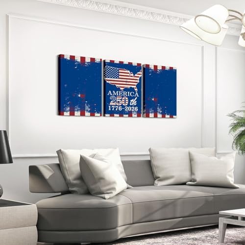 Feelyou Patriotic 250th Anniversary 3 Piece Canvas Wall Art for Living Room Bedroom 4th of July Wall Art for Home Decor America Map Office Decor Artwork Red and Blue Retro Style Picture Posters