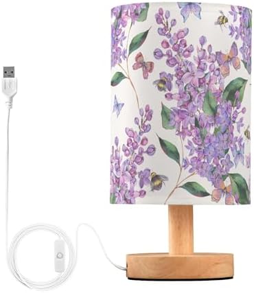 Table Lamp Purple Lilac Flower Bee Butterfly Nature Floral Nightstand Lamp with Wood Base Fabric Lamp Shade Bedside Desk Lamp for Living Room Bedroom Kids Room Office
