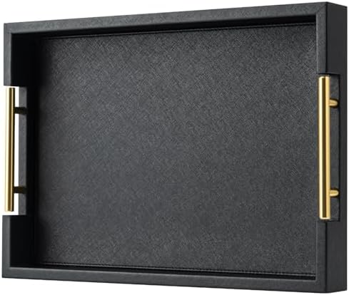 Black Rectangle Serving Tray with Gold Handles for Party,Large Wood Decorative Tray for Ottoman,Faux Leather Coffee Table Tray Decor