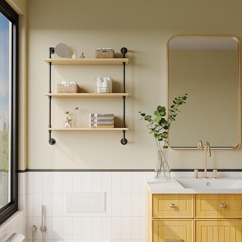 3-Tier Industrial Pipe Floating Shelf – Rustic 24 inch Wood Wall-Mounted Storage Shelf for Kitchen Office,Bathroom & Home Decor -White Oak