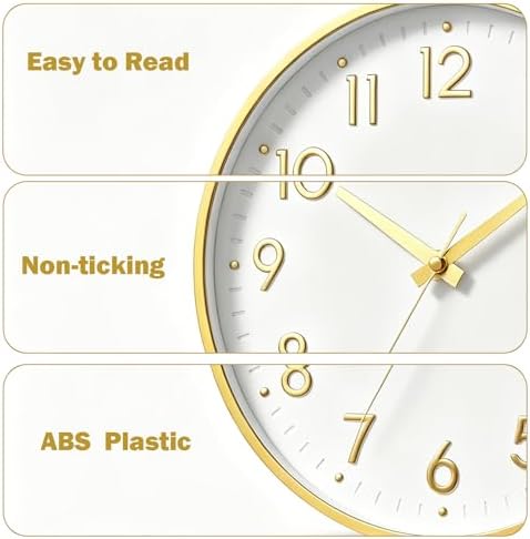Mosewa 10 Inch Wall Clock Battery Operated Silent Non Ticking Analog | White Gold modern clock; oversized 3D easy-read dial for kitchen, bedroom & office; 1 AA battery (not included)