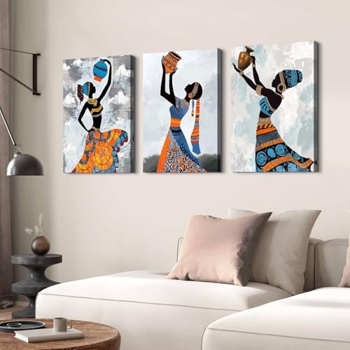 Black Woman Wall Art for Girl Bedroom Abstract Wall Decor African Women Pictures African Dancing Canvas Prints Ethnic Painting Modern Artwork Kitchen Living Room Home Decorations 16x24" 3Pcs