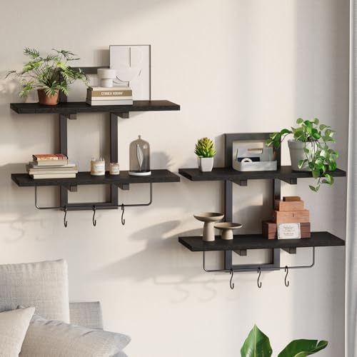 Creso hom Wood Floating Shelf with 6 Hooks, 15" Bathroom Shelves Set of 2