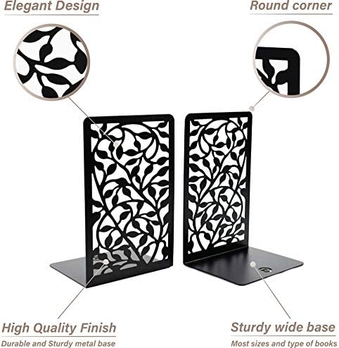 CNK Book Ends for Shelves - Metal Holders for Home Office Heavy Books, Shelf Stoppers, Decorative Set of 2 Black Infinite Leaves Bookends
