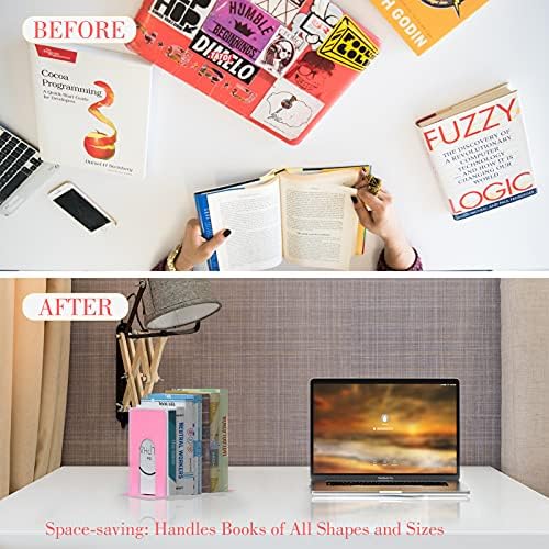 Optomni Bookends, Book End Supports Heavy Duty Metal Bookend Support, Book Ends Supports for Shelves Decor Home Office School (2 Pairs/4 Pieces, Pink)