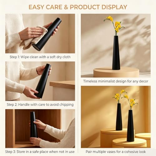 Small Ceramic Bud Vase 8.5 inch Tall Conic Flower Single Stem Vase Black Vase Decorative Floral Centerpiece for Wedding Office Home