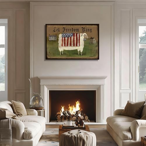 RIBNTAK Americana Farmhouse Canvas Wall Art, Rustic God Bless America Sheep Pictures with USA Flag Artwork Patriotic Country Decor for Living Room Entryway Bedroom