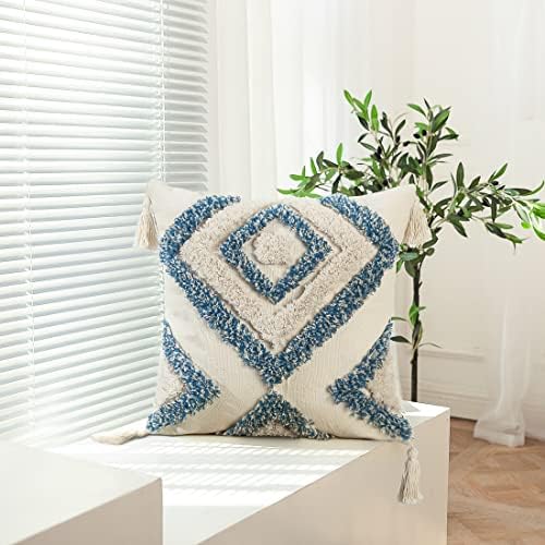 JASEN Blue and Beige Boho Decorative Throw Pillow Cover, Woven Tufted Pillow Cover with Tassels Diamond Pattern Pillow Covers 18x18 for Couch Sofa Bedroom Living Room(No Pillow Insert