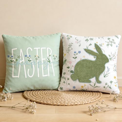 DN DECONATION Easter Pillow Covers 18x18 Inch, Spring Throw Pillow Covers Set of 2, Farmhouse Decorative Lumbar Pillows Case for Couch, Sofa, Living Room, Easter Home Green Bunny Decor