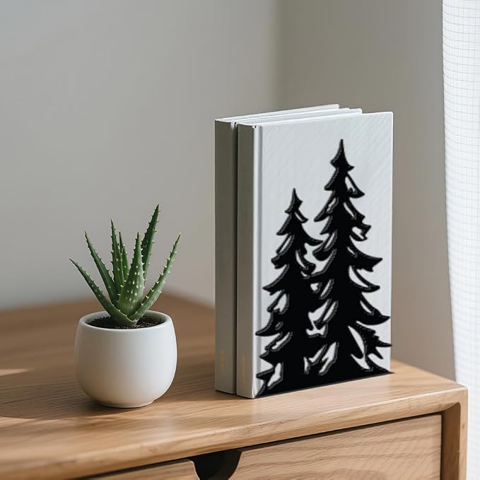 WADORN 1 Pair Pine Tree Metal Decorative Bookend for Shelves, Heavy Duty Book Ends Modern Non-Skid Books Holder Stand Black Book Support Stoppers for Desk Bookshelf Office Home, 5.3x4.3x7.9 Inches